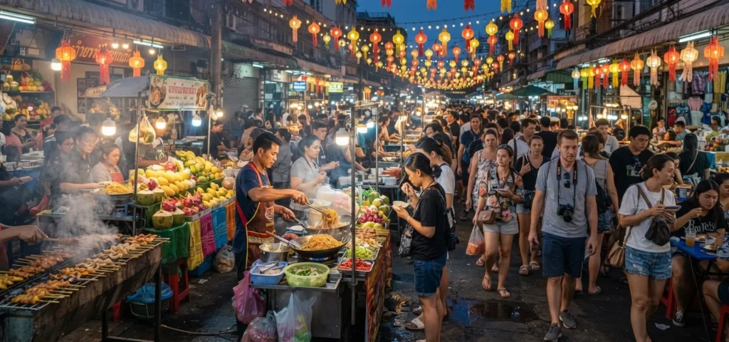 Southeast Asian night market at dusk with lantern-lit food stalls