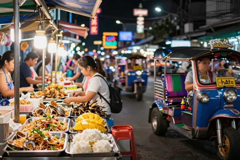 Bangkok night market stalls with pad thai and mango sticky rice